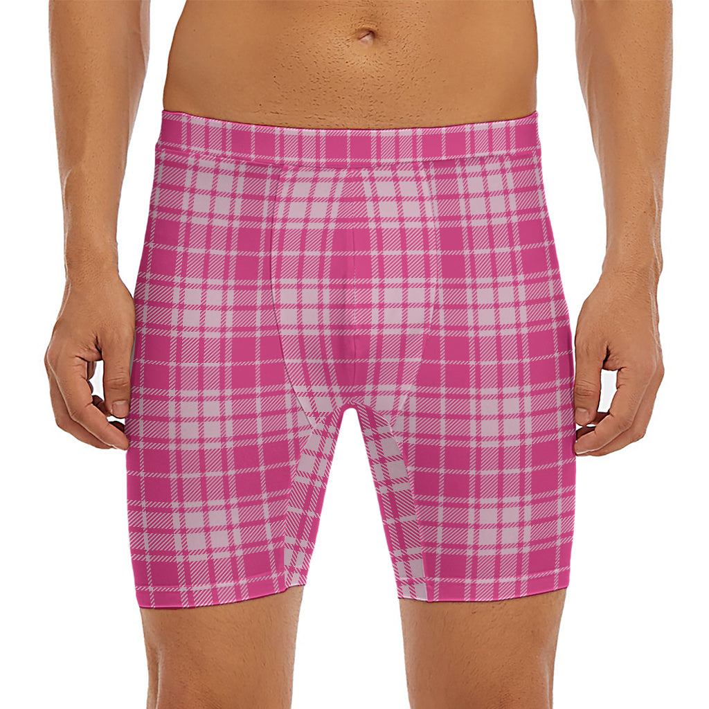 Pink Tartan Pattern Print Men's Long Boxer Briefs