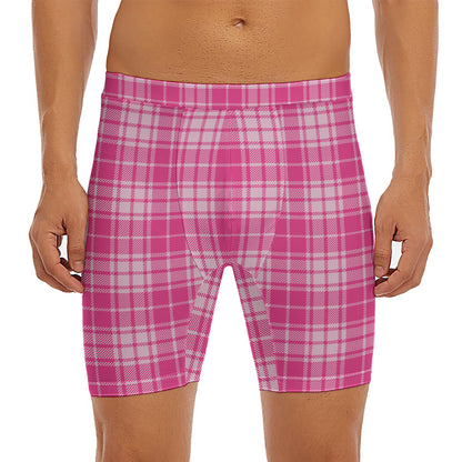 Pink Tartan Pattern Print Men's Long Boxer Briefs