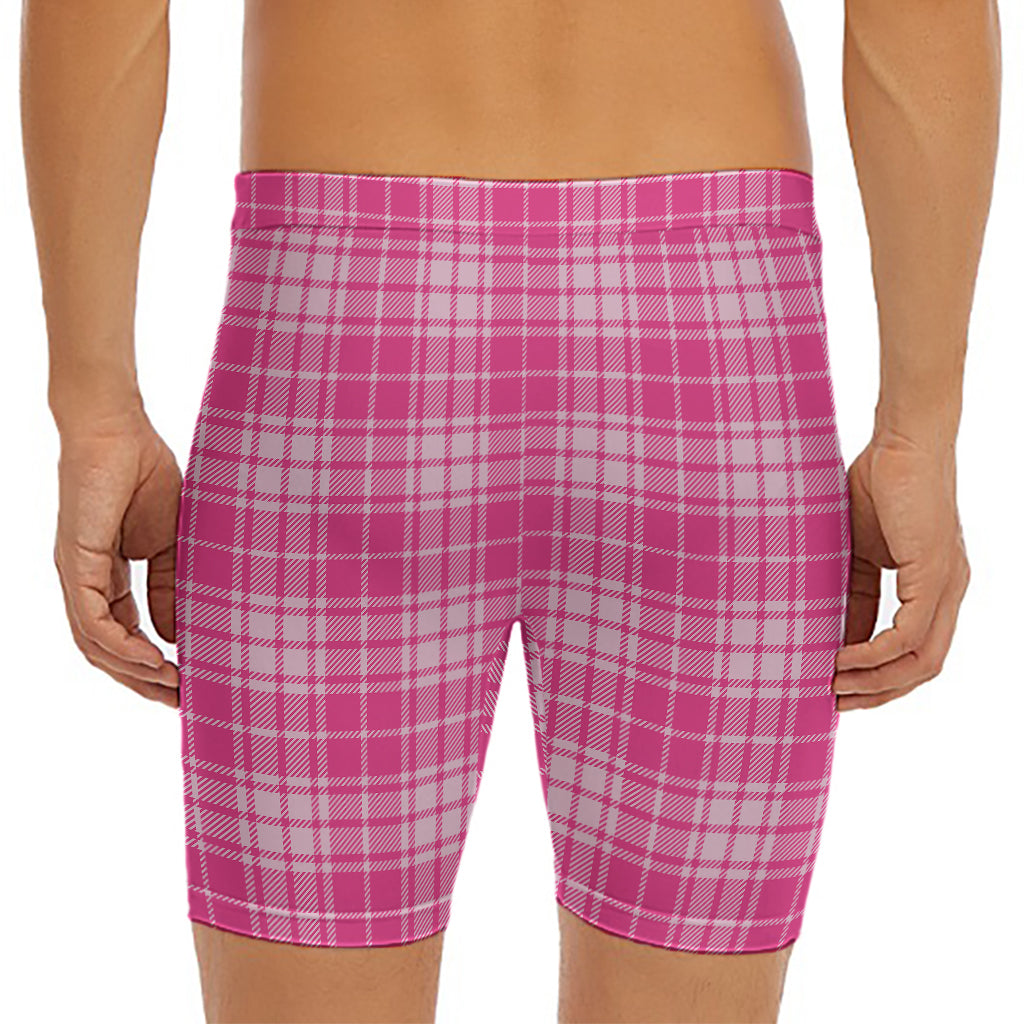 Pink Tartan Pattern Print Men's Long Boxer Briefs