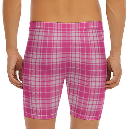 Pink Tartan Pattern Print Men's Long Boxer Briefs