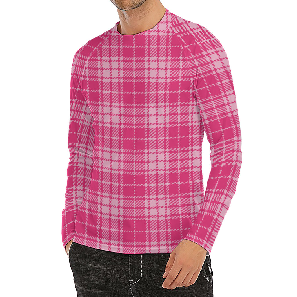 Pink Tartan Pattern Print Men's Long Sleeve Rash Guard