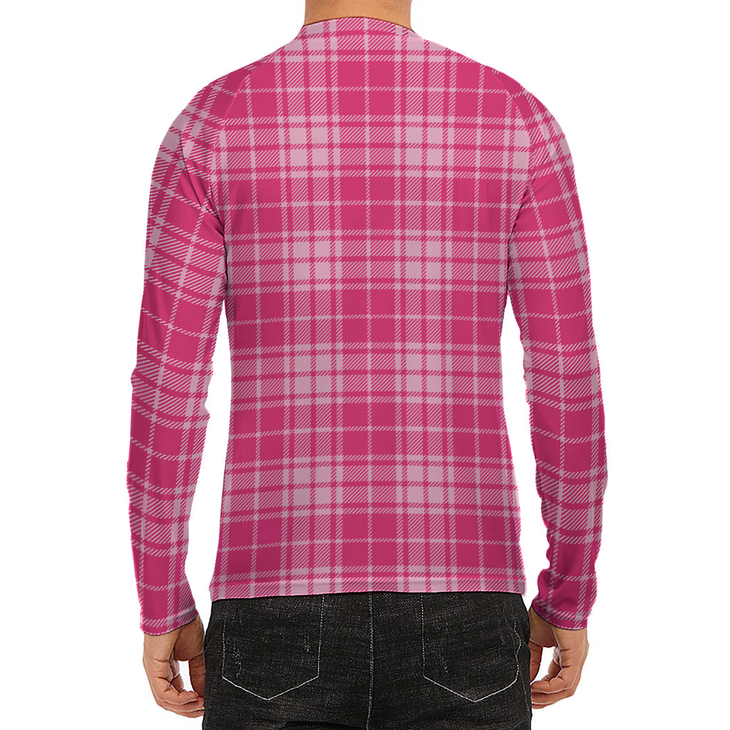 Pink Tartan Pattern Print Men's Long Sleeve Rash Guard