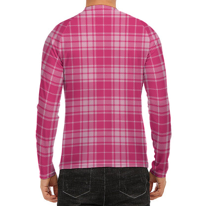 Pink Tartan Pattern Print Men's Long Sleeve Rash Guard
