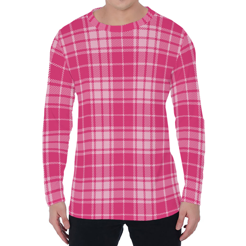 Pink Tartan Pattern Print Men's Long Sleeve T-Shirt