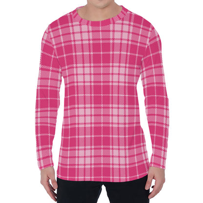 Pink Tartan Pattern Print Men's Long Sleeve T-Shirt