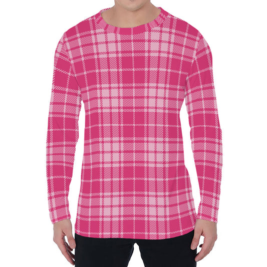 Pink Tartan Pattern Print Men's Long Sleeve T-Shirt