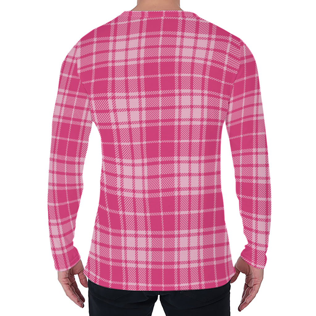 Pink Tartan Pattern Print Men's Long Sleeve T-Shirt