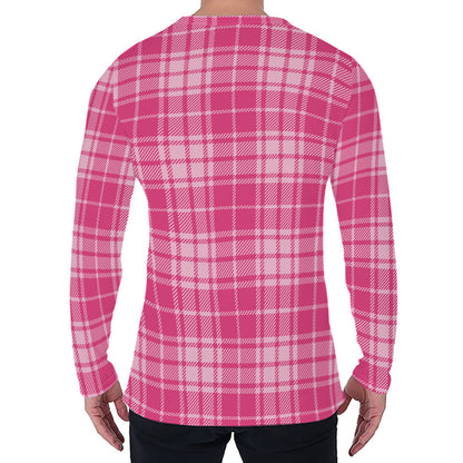Pink Tartan Pattern Print Men's Long Sleeve T-Shirt