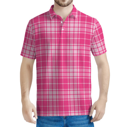 Pink Tartan Pattern Print Men's Polo Shirt