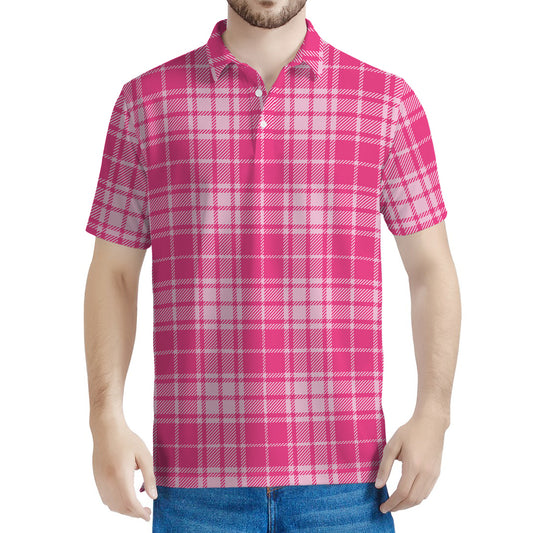 Pink Tartan Pattern Print Men's Polo Shirt