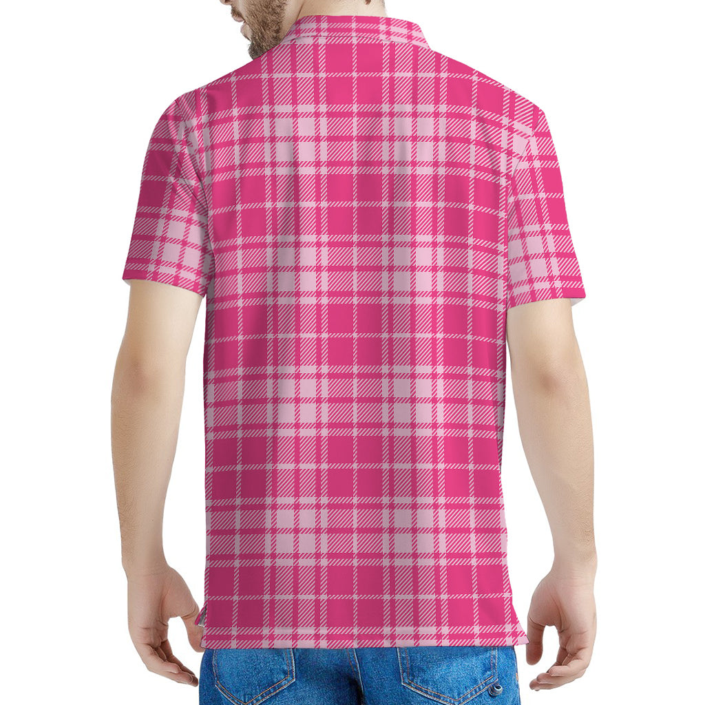 Pink Tartan Pattern Print Men's Polo Shirt