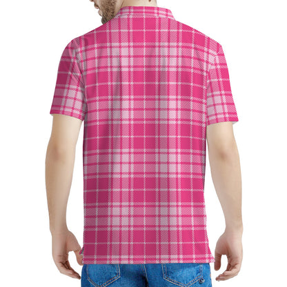 Pink Tartan Pattern Print Men's Polo Shirt