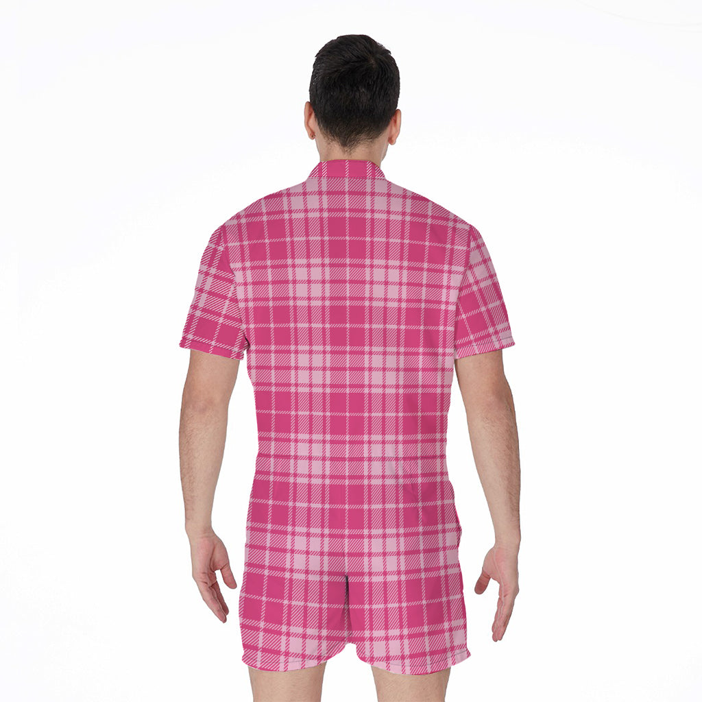Pink Tartan Pattern Print Men's Rompers