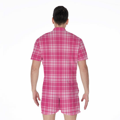 Pink Tartan Pattern Print Men's Rompers