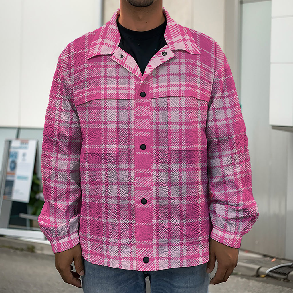 Pink Tartan Pattern Print Men's Shirt Jacket