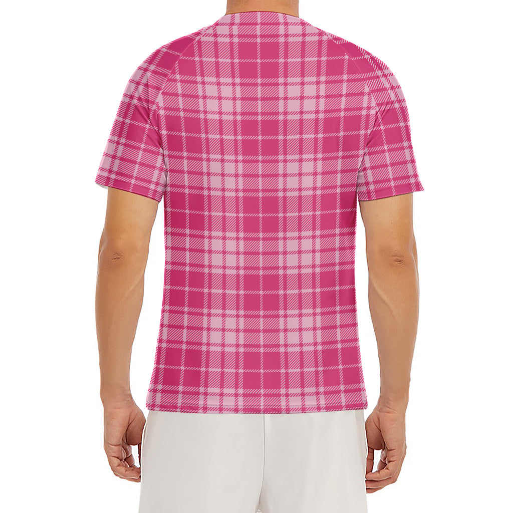 Pink Tartan Pattern Print Men's Short Sleeve Rash Guard