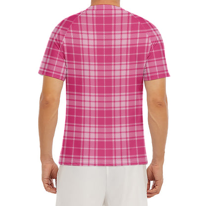 Pink Tartan Pattern Print Men's Short Sleeve Rash Guard