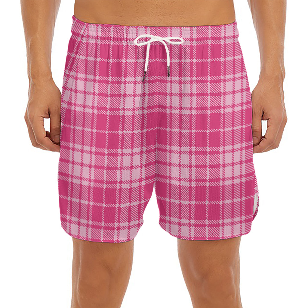 Pink Tartan Pattern Print Men's Split Running Shorts