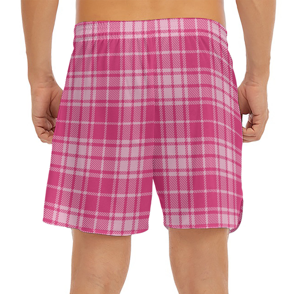 Pink Tartan Pattern Print Men's Split Running Shorts