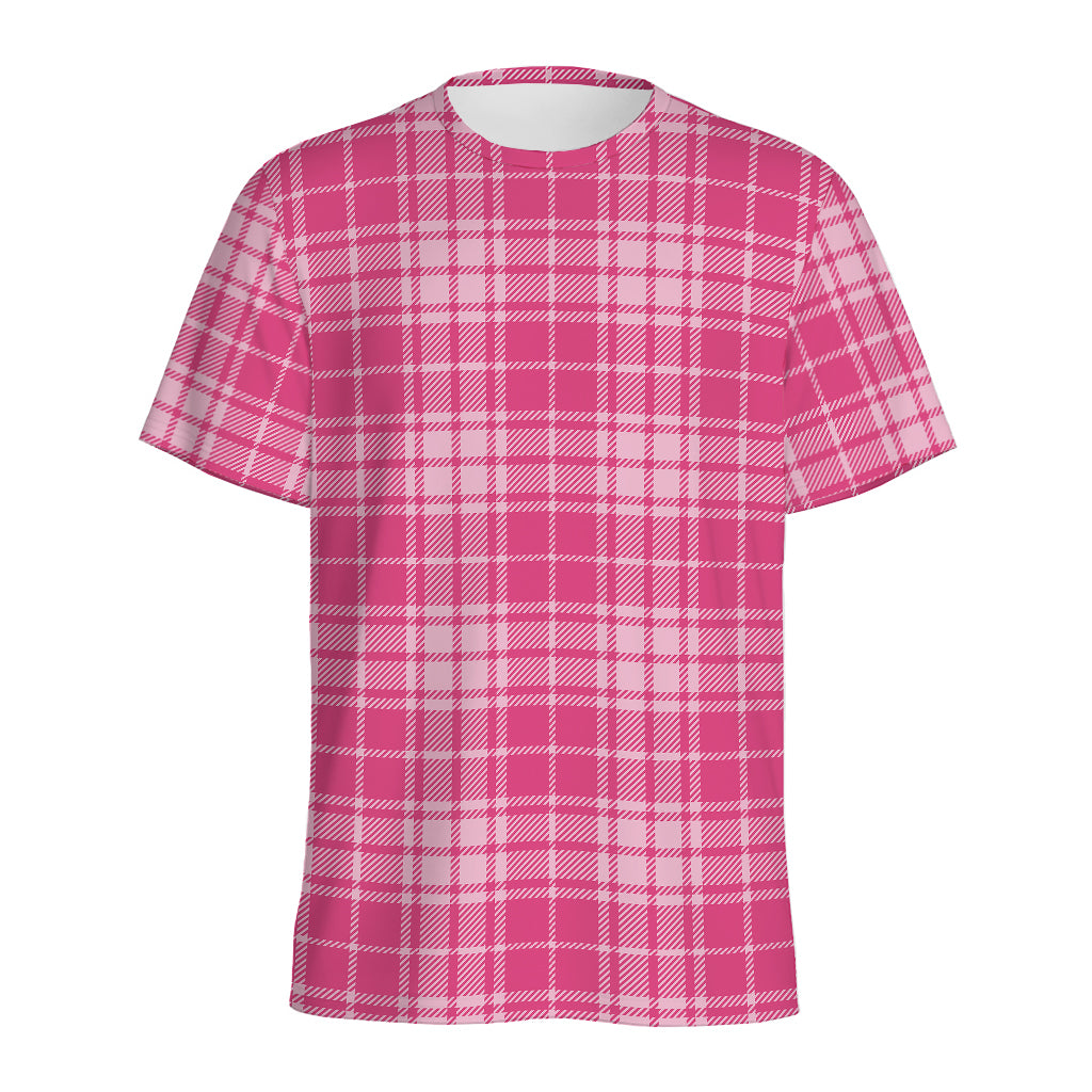 Pink Tartan Pattern Print Men's Sports T-Shirt