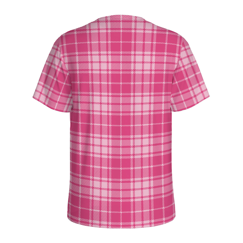 Pink Tartan Pattern Print Men's Sports T-Shirt