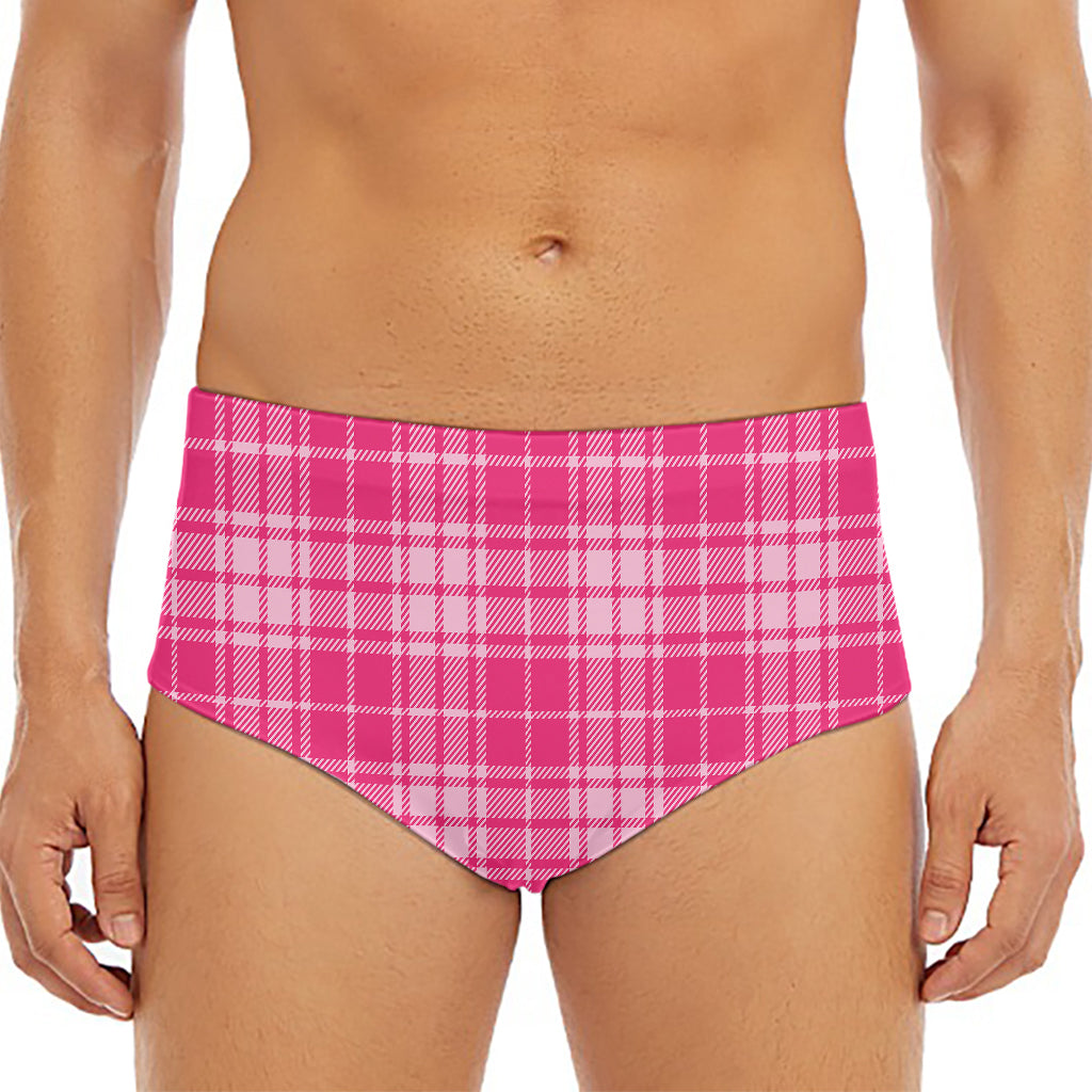 Pink Tartan Pattern Print Men's Triangle Swim Briefs