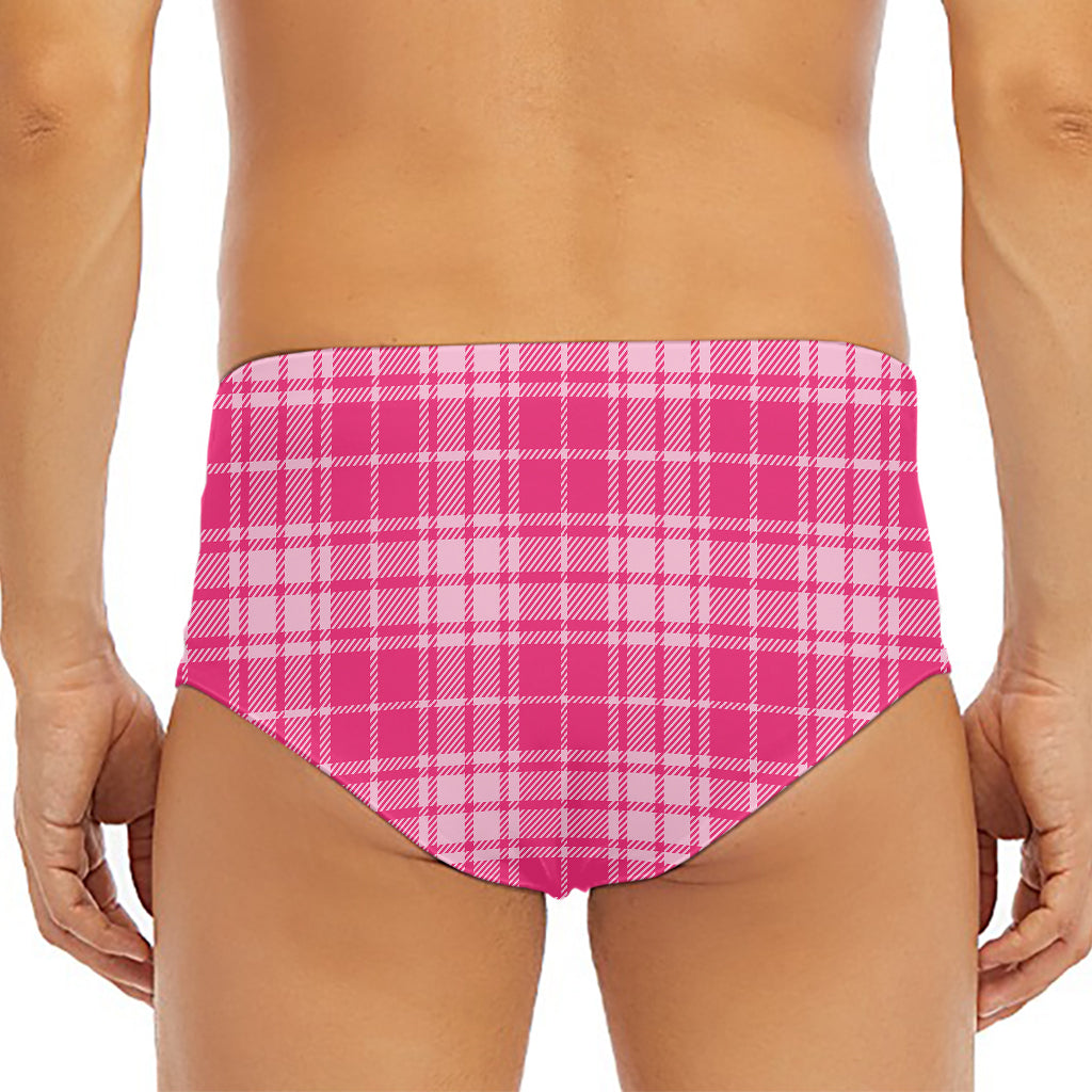 Pink Tartan Pattern Print Men's Triangle Swim Briefs
