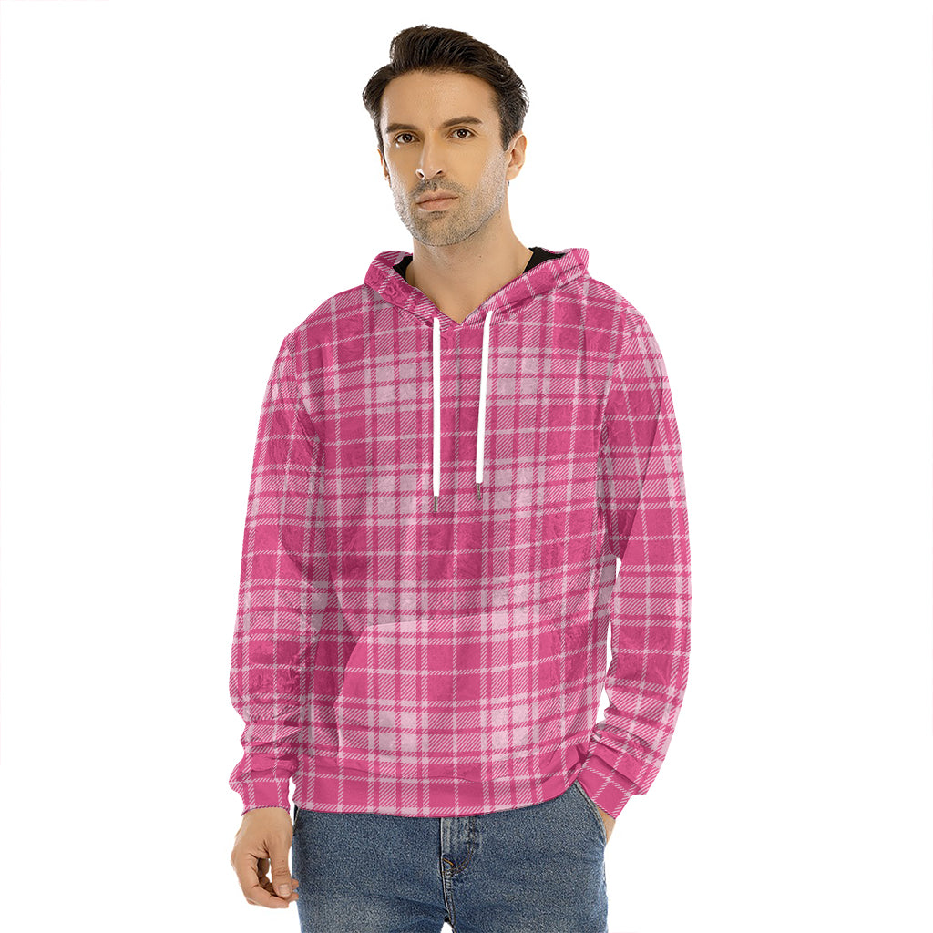 Pink Tartan Pattern Print Men's Velvet Pullover Hoodie