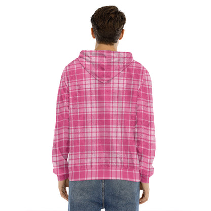 Pink Tartan Pattern Print Men's Velvet Pullover Hoodie