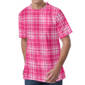 Pink Tartan Pattern Print Men's Velvet T-Shirt