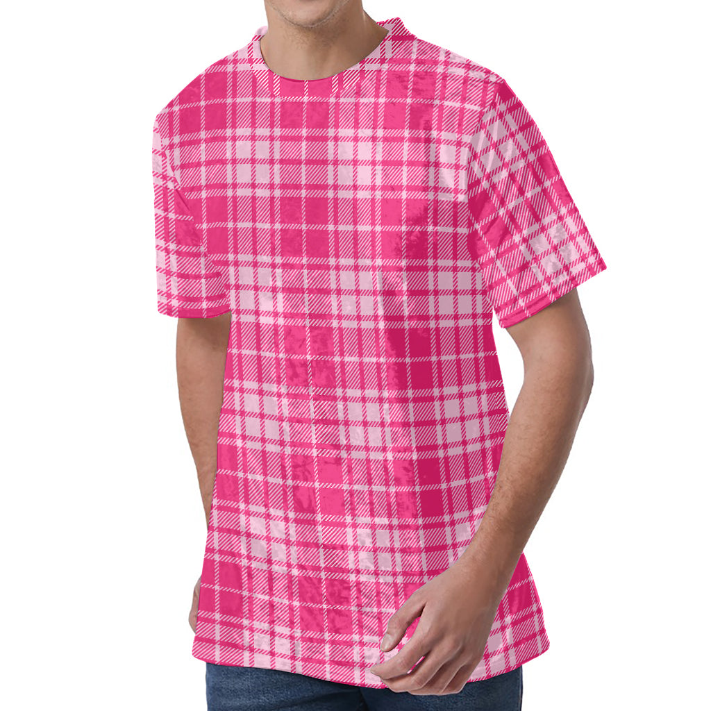 Pink Tartan Pattern Print Men's Velvet T-Shirt