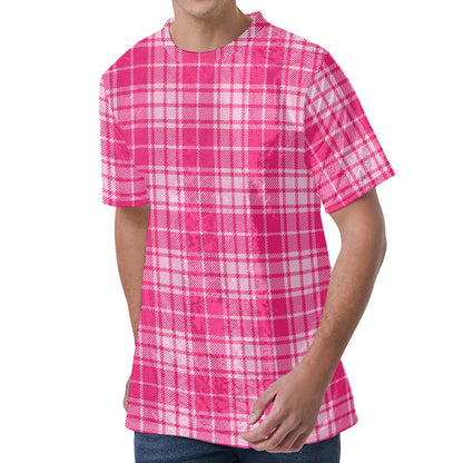 Pink Tartan Pattern Print Men's Velvet T-Shirt