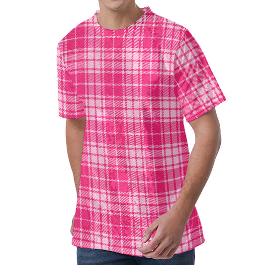 Pink Tartan Pattern Print Men's Velvet T-Shirt