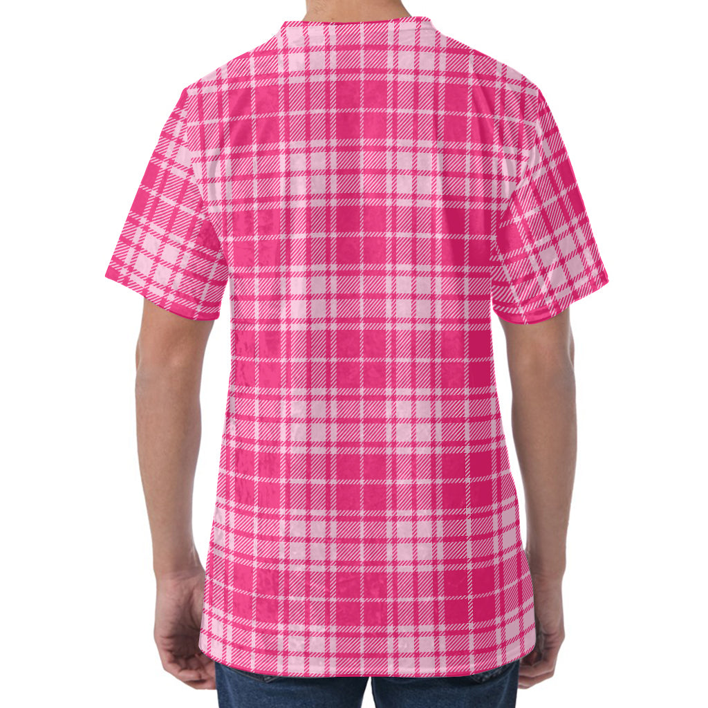 Pink Tartan Pattern Print Men's Velvet T-Shirt