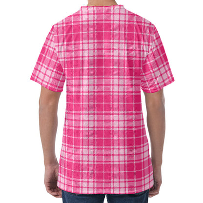 Pink Tartan Pattern Print Men's Velvet T-Shirt