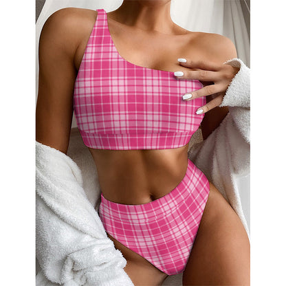 Pink Tartan Pattern Print One Shoulder Bikini Top