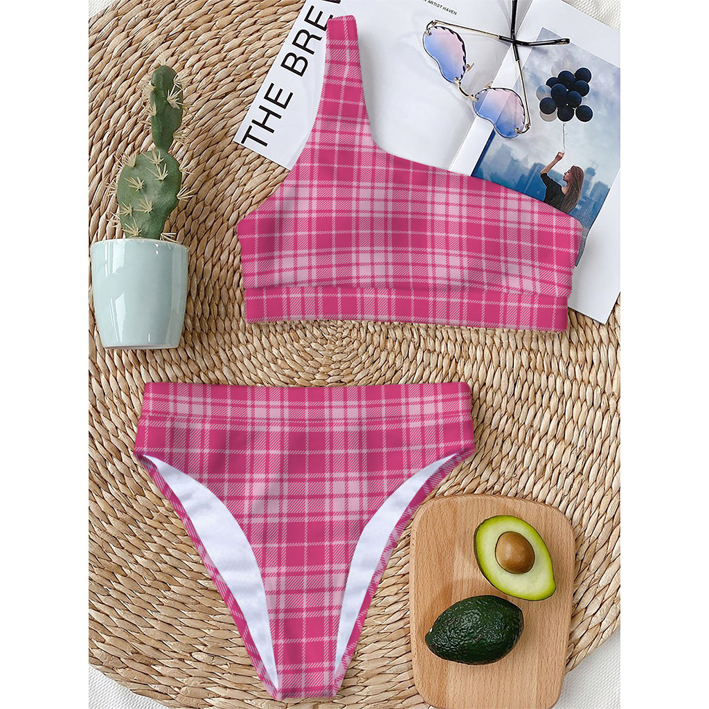 Pink Tartan Pattern Print One Shoulder Bikini Top