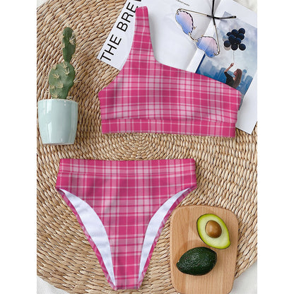 Pink Tartan Pattern Print One Shoulder Bikini Top