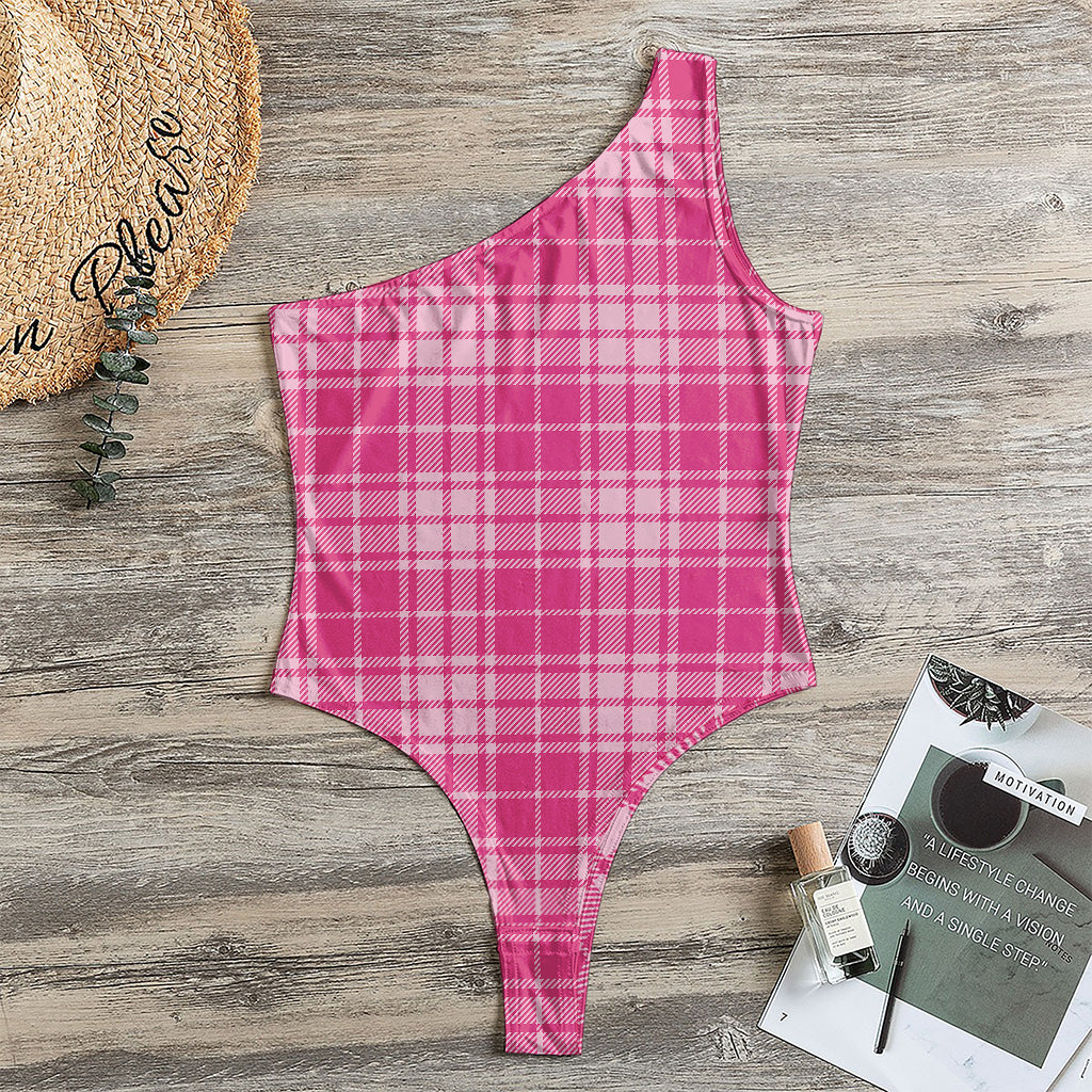 Pink Tartan Pattern Print One Shoulder Bodysuit