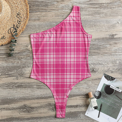 Pink Tartan Pattern Print One Shoulder Bodysuit