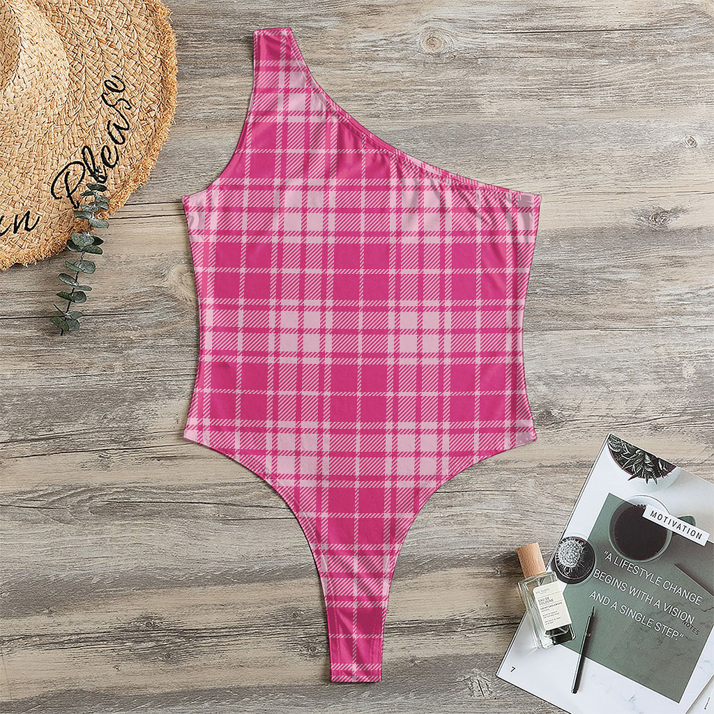 Pink Tartan Pattern Print One Shoulder Bodysuit