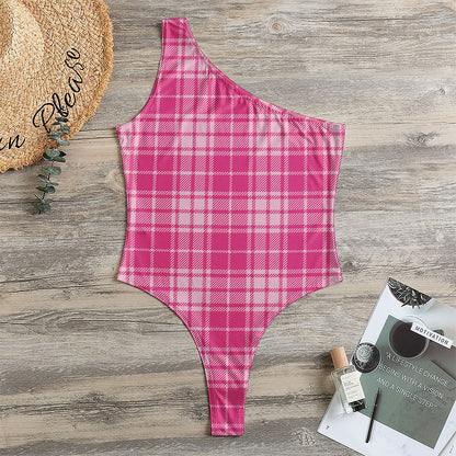 Pink Tartan Pattern Print One Shoulder Bodysuit