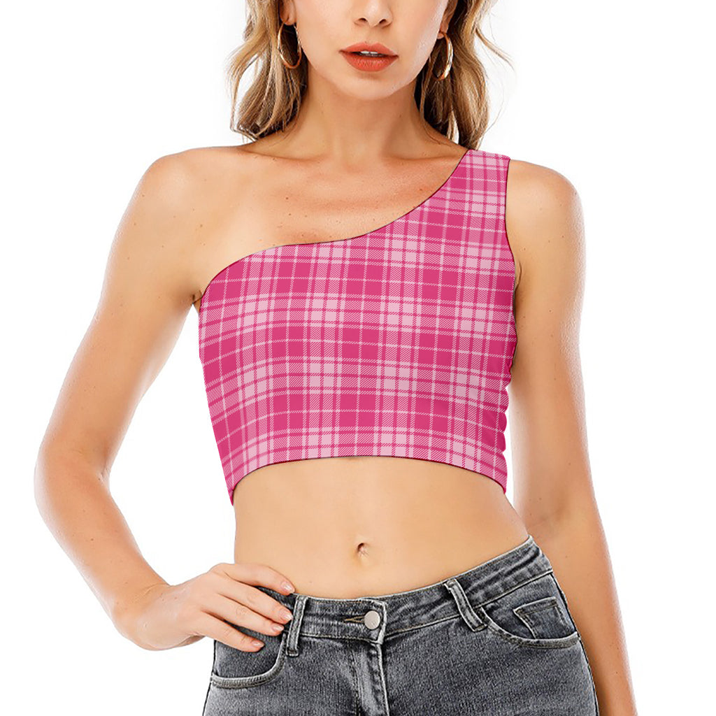 Pink Tartan Pattern Print One Shoulder Crop Top