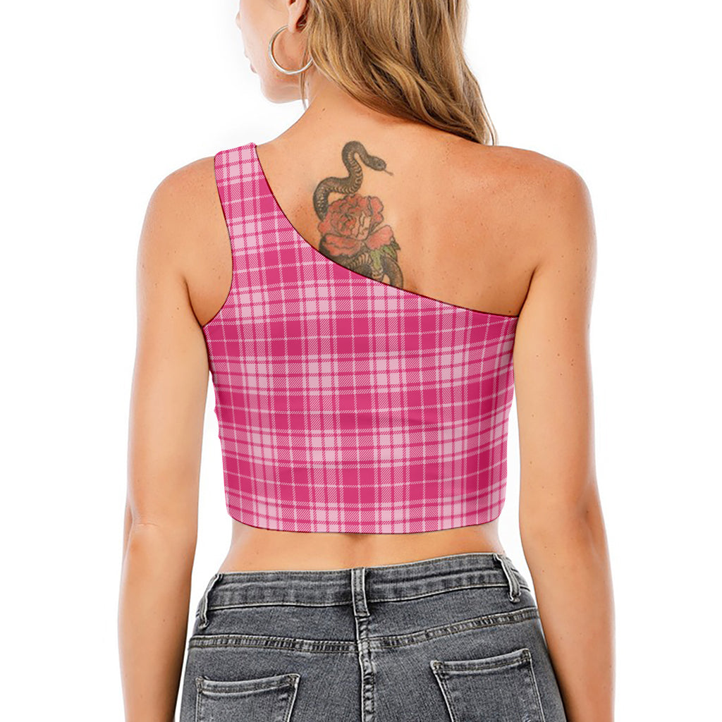 Pink Tartan Pattern Print One Shoulder Crop Top