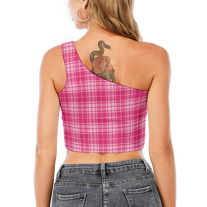Pink Tartan Pattern Print One Shoulder Crop Top