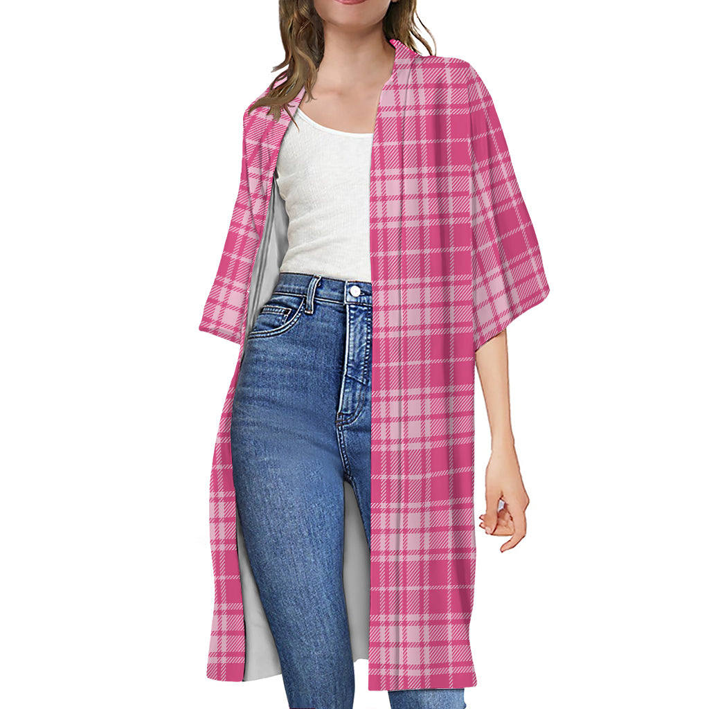 Pink Tartan Pattern Print Open Front Beach Cover Up