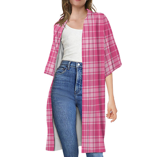 Pink Tartan Pattern Print Open Front Beach Cover Up