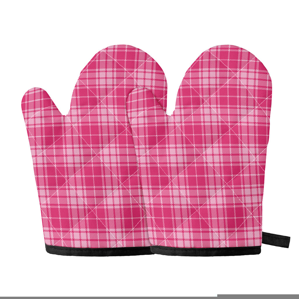 Pink Tartan Pattern Print Oven Mitts