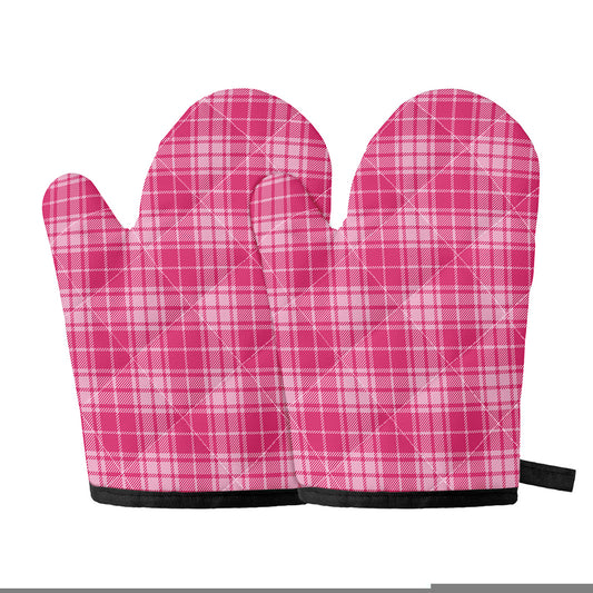Pink Tartan Pattern Print Oven Mitts