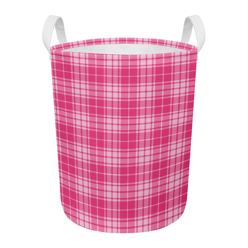 Pink Tartan Pattern Print Round Laundry Basket